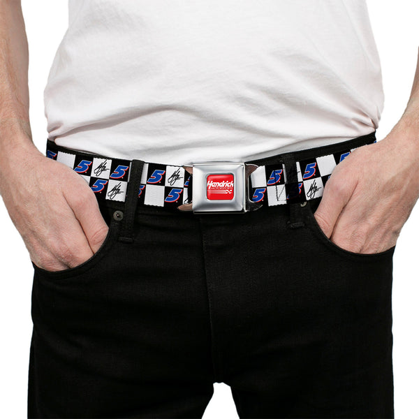 HENDRICK MOTORSPORTS Checker Logo Full Color Red/White Seatbelt Belt - Kyle Larson Autograph and #5 Checker Logo Black/White/Blue/Red Webbing