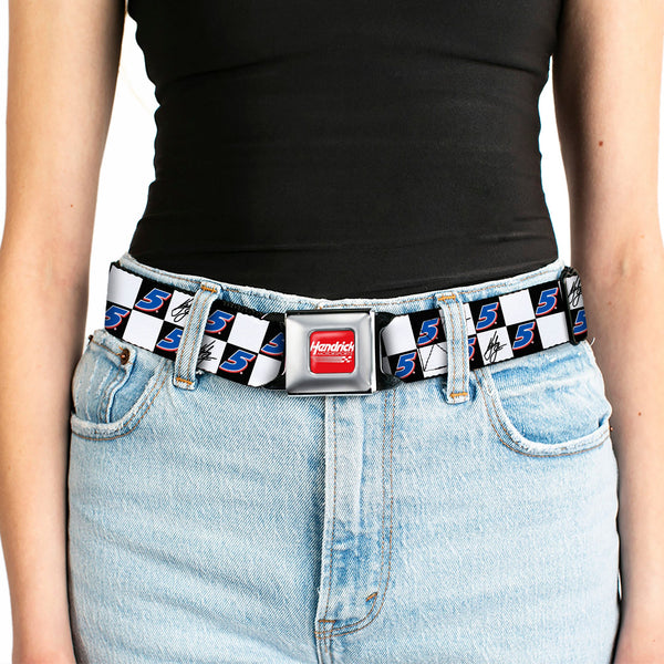 HENDRICK MOTORSPORTS Checker Logo Full Color Red/White Seatbelt Belt - Kyle Larson Autograph and #5 Checker Logo Black/White/Blue/Red Webbing