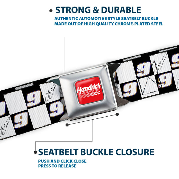 HENDRICK MOTORSPORTS Checker Logo Full Color Red/White Seatbelt Belt - Chase Elliott Autograph and #9 Checker Logo Black/White/Blue Webbing