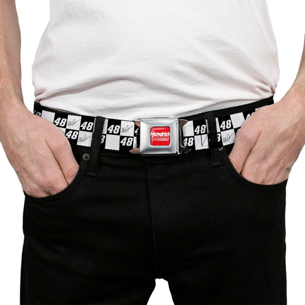 HENDRICK MOTORSPORTS Checker Logo Full Color Red/White Seatbelt Belt - Alex Bowman Autograph and #48 Checker Logo Black/White Webbing