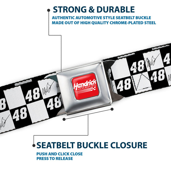 HENDRICK MOTORSPORTS Checker Logo Full Color Red/White Seatbelt Belt - Alex Bowman Autograph and #48 Checker Logo Black/White Webbing