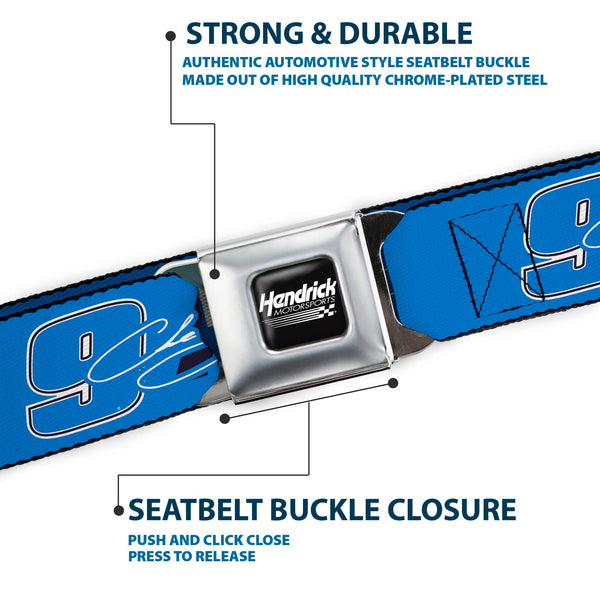 HENDRICK MOTORSPORTS Checker Logo Full Color Black/White Seatbelt Belt - Chase Elliott #9 Autograph PRIME Logo Blue/Black/White Webbing