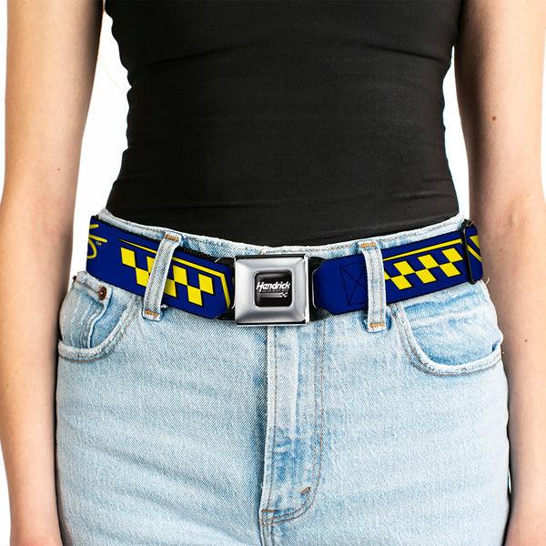 HENDRICK MOTORSPORTS Checker Logo Full Color Black/White Seatbelt Belt - Jimmie Johnson #48 Autograph Checker Blue/Yellow Webbing