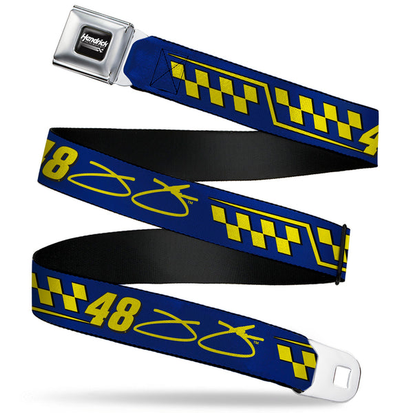 HENDRICK MOTORSPORTS Checker Logo Full Color Black/White Seatbelt Belt - Jimmie Johnson #48 Autograph Checker Blue/Yellow Webbing
