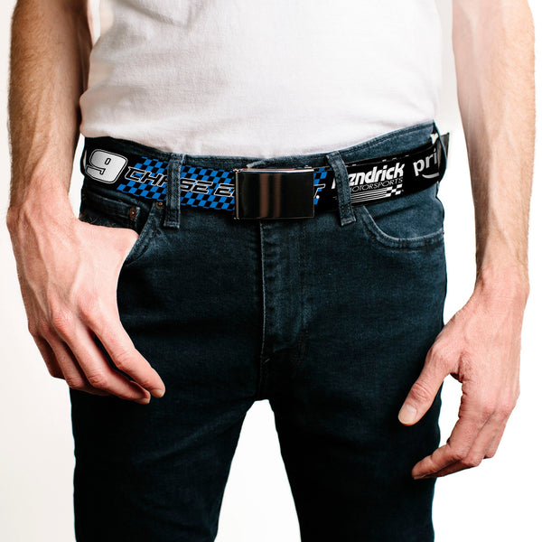 Web Belt Blank Black Buckle - CHASE ELLIOTT #9 PRIME Hendrick Motorsports Logo Black/White/Blue Webbing