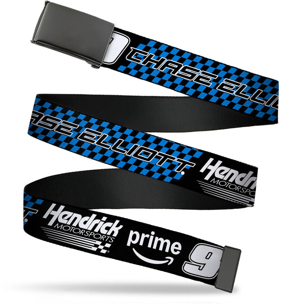 Web Belt Blank Black Buckle - CHASE ELLIOTT #9 PRIME Hendrick Motorsports Logo Black/White/Blue Webbing