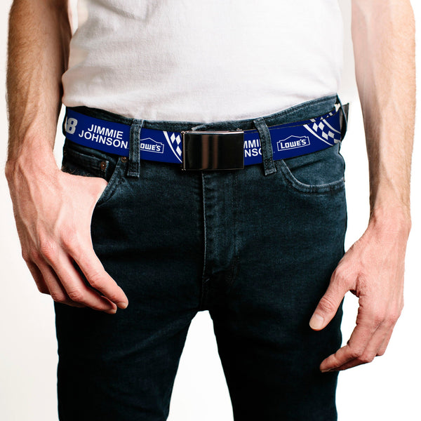 Web Belt Blank Black Buckle - JIMMIE JOHNSON #48 LOWE'S Logo Checker Blue/White Webbing